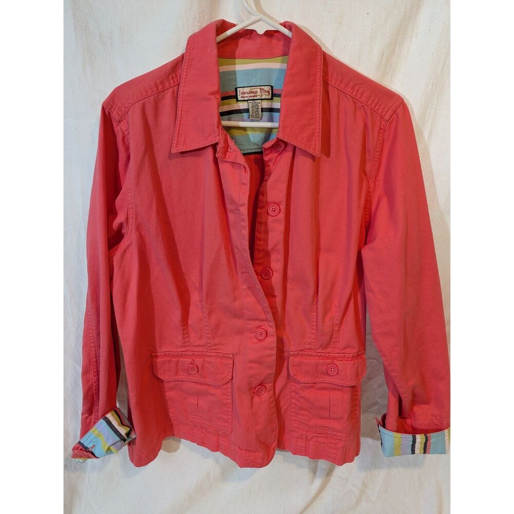 Vintage Jamaica Bay Women’s Jacket XL Pink Button Front, Striped Cuffs, Cotton
